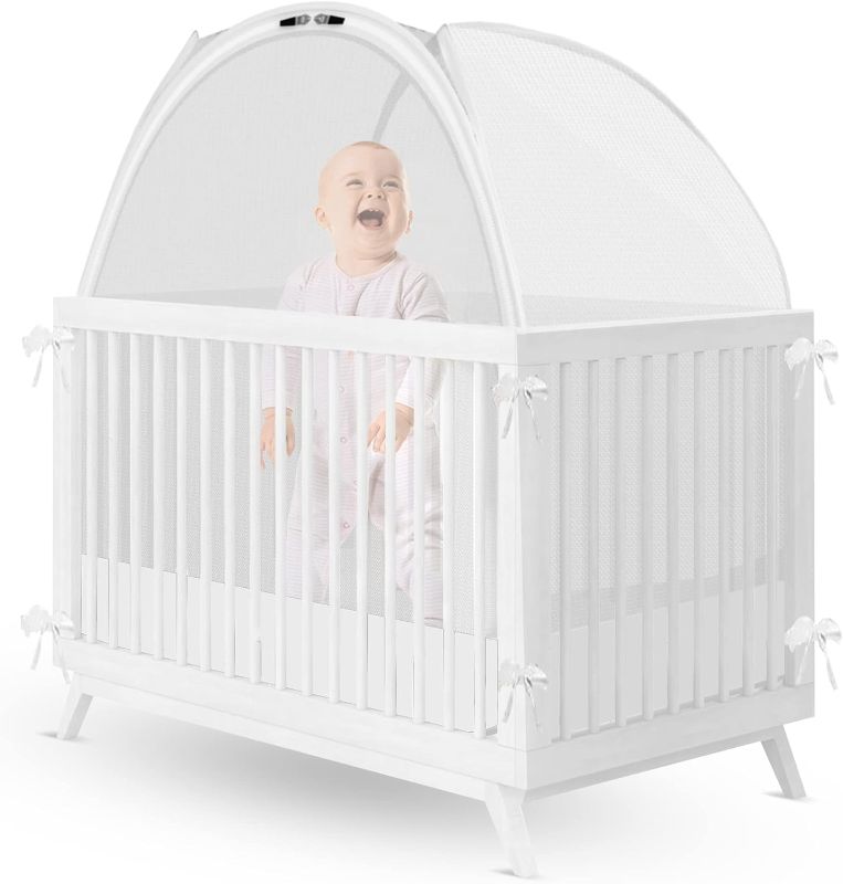 Photo 1 of baby movs Crib Safety Canopy, Net, or Tent – Pop Up Mesh Cover Helps Stop Climbing & Stuck Limbs – See-Through Netting for Baby & Toddler Bed with Ties, Zippers, Bags, 53x27x51 in., White
