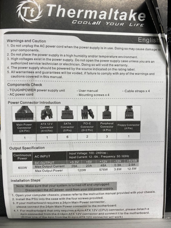 Photo 3 of Thermaltake Toughpower GX2 80+ Gold 600W SLI/Crossfire Ready Continuous Power ATX 12V V2.4/EPS V2.92 Non Modular Power Supply 5 Year Warranty PS-TPD-0600NNFAGU-2 600W Gold Power