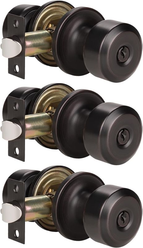 Photo 1 of 3 Pack Cylinder Round Door Knob with Lock and Key (Keyed Alike), Keyed Entry Door Knobs Door Knob Lock, Exterior Door Knobs Front Door Knob in Dark Bronze