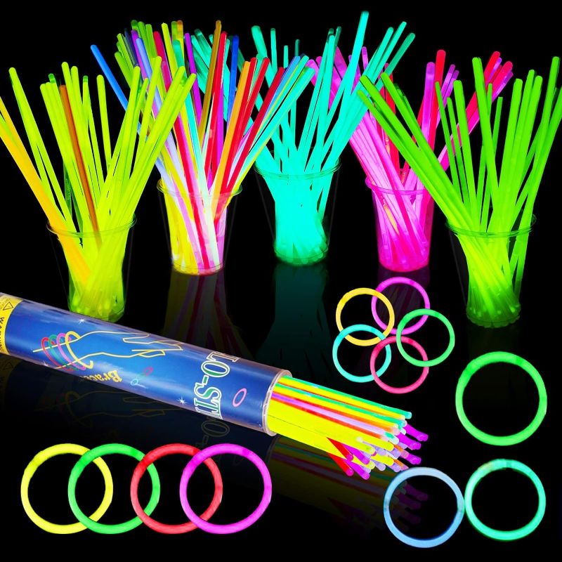 Photo 1 of 50 Glow Sticks Bulk Party Supplies Set Glow in The Dark Party Light Up Sticks Party Favors, Include 50 8"Glowsticks & 50Connectors,for Glow Party Bracelets and Necklaces for Halloween and Adults
