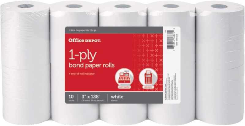 Photo 1 of Office Depot 1-Ply Paper Rolls, 3in. x 128ft, White, Pack of 10, 109023
