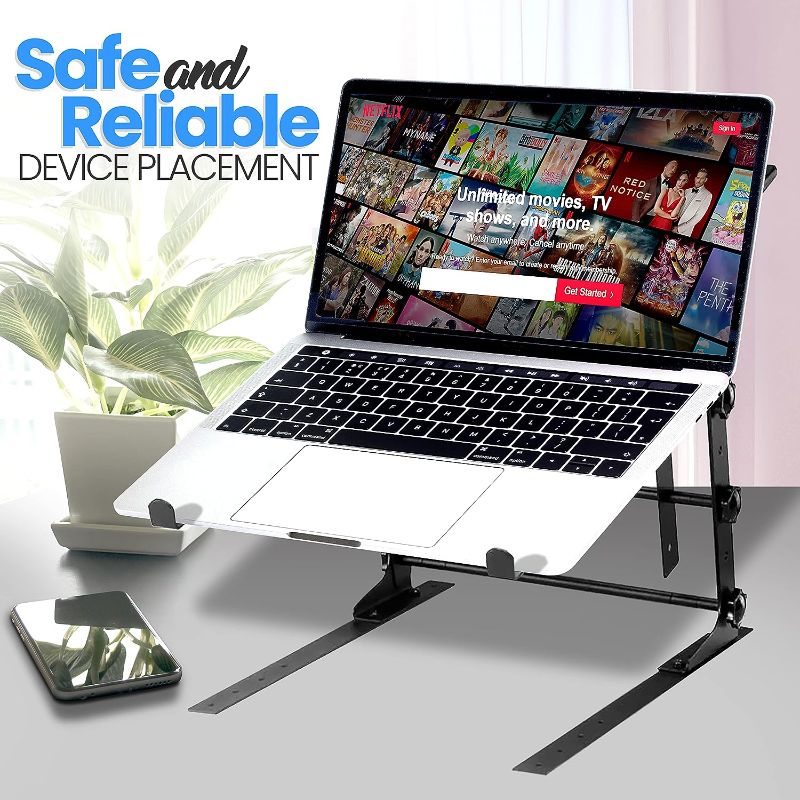 Photo 1 of Pyle Portable Dual Laptop Stand - Standing Table with Adjustable Height, Ergonomic Design & Anti-Slip Prongs for DJ Mixer, Sound Equipment, Workstation, Gaming & Home Use - PLPTS38, Black
