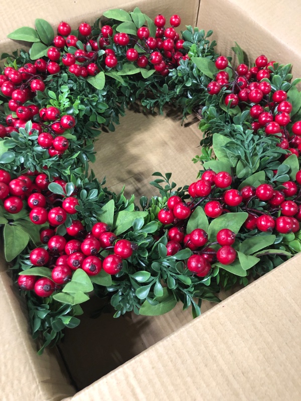 Photo 3 of 24" Berry Boxwood Wreath, Red