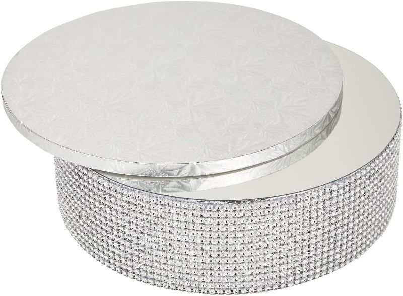 Photo 1 of 2 Piece Silver Foil Wedding Cake Stand with Rhinestones and 12 Inch Cake Drum, Dessert Holder for Centerpieces
