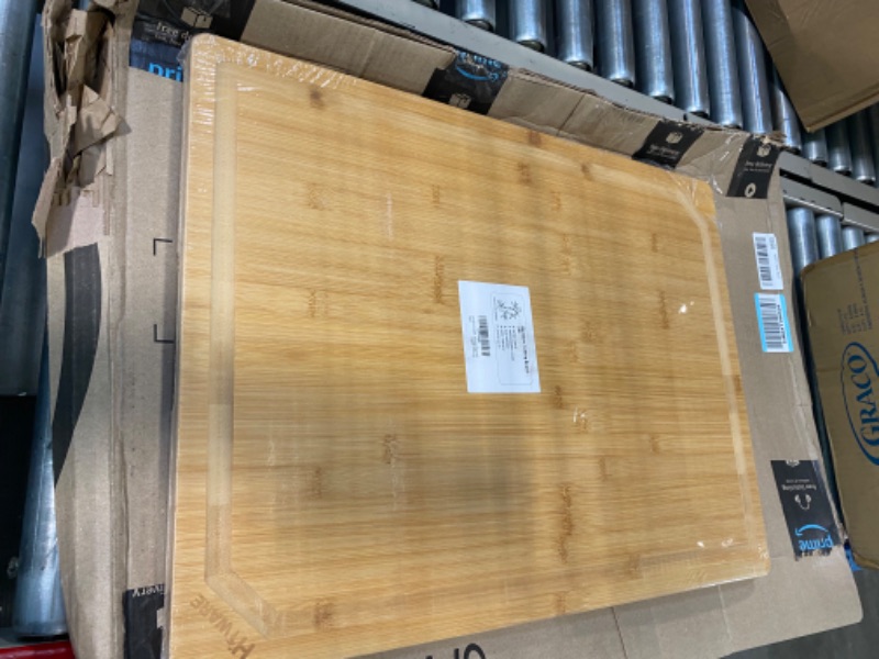 Photo 3 of 24 x 18 Extra Large Bamboo Serving Boards for Kitchen, Heavy Duty Wood Butcher Block Chopping Board with Handle and Juice Groove for Meat, Large Charcuterie Board, Over the Sink Cutting Board 24" X 18"