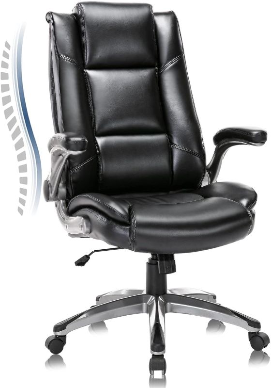 Photo 1 of COLAMY Leather Executive Office Chair- High Back Home Computer Desk Chair with Padded Flip-up Arms, Adjustable Tilt Lock, Swivel Rolling Ergonomic Chair for Adult Working Study
