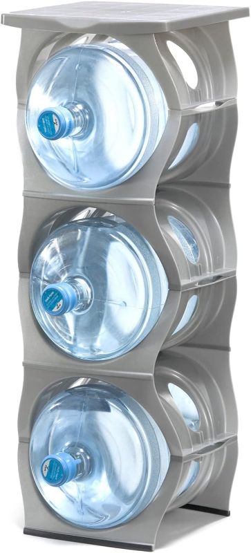 Photo 1 of Stackable Water Bottle Storage Rack Best Water Jugs 5 Gallon Organizer. Jug Holder for Kitchen, Cabinet and Office Organizing. Reinforced Polypropylene. 3 Plus Shelf, Silver