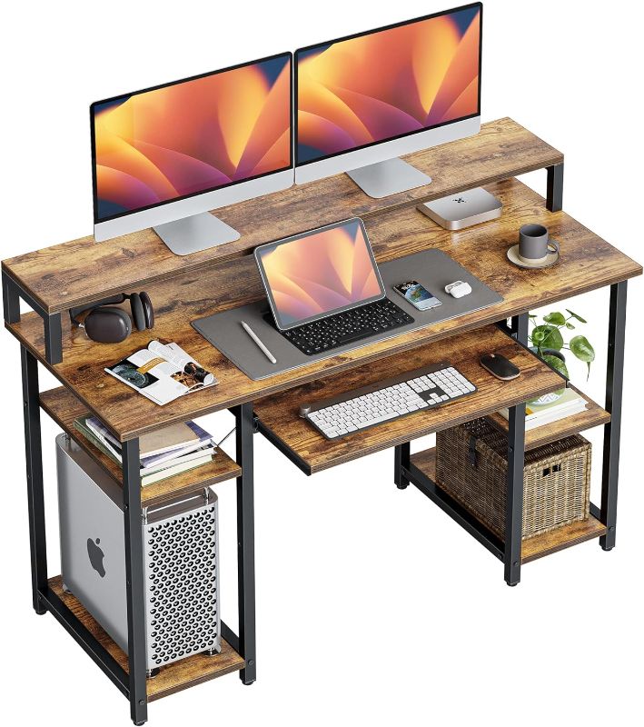 Photo 1 of CubiCubi 47 Inch Computer Desk with Storage Shelves Monitor Stand Keyboard Tray, Home Office Desk, Study Writing Table, Rustic Brown