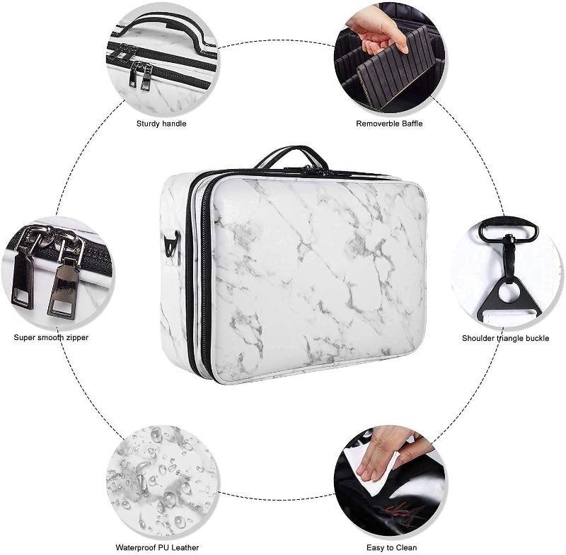 Photo 1 of JOURMON Makeup Case Travel Makeup Train Case Organizer Cosmetic Bag Portable with Adjustable Dividers and Shoulder Strap for Makeup Brushes Toiletry Travel Accessories(Marble White Black, L)
