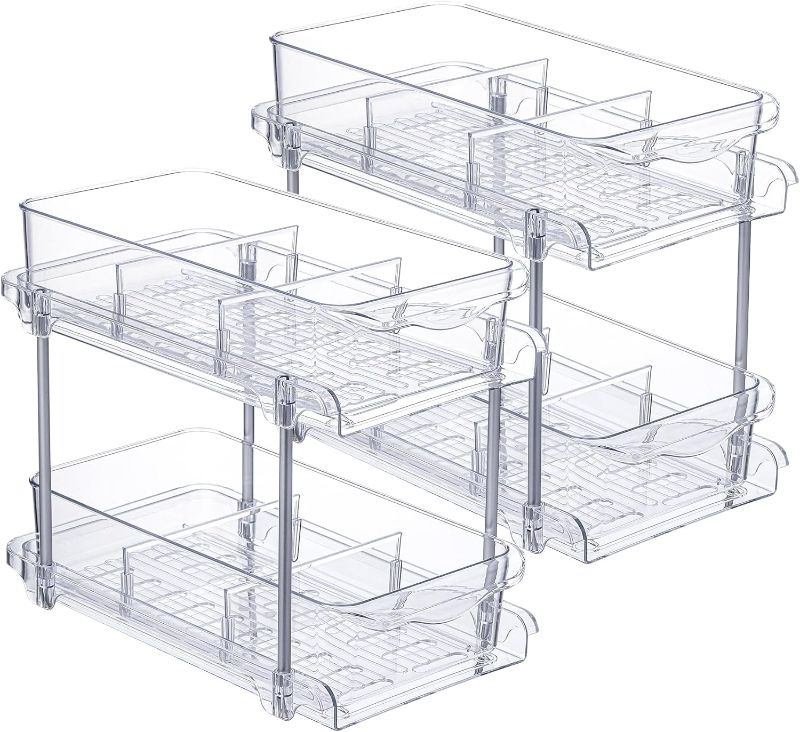 Photo 1 of 2 Set 2 Tier Clear Bathroom Storage Organizer with Dividers, Pull Out Under Sink Organizers and Storage, Multi-Purpose Cabinet Organizers and Storage for Kitchen, Pantry, Vanity, Medicine Cabinet
