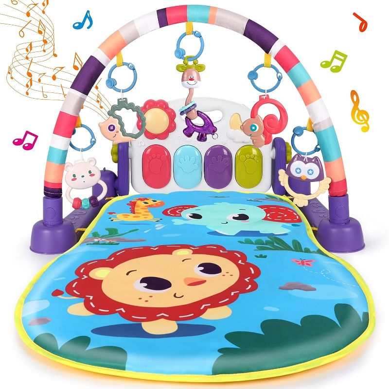 Photo 1 of Baby Gym Play Mats Tummy Time Mat Musical Activity Center for Newborn Infant Folding Design Piano Music & Light Newborn Infant Gifts for Baby Toys 0-3 6 9 12 Months, Animal Style
