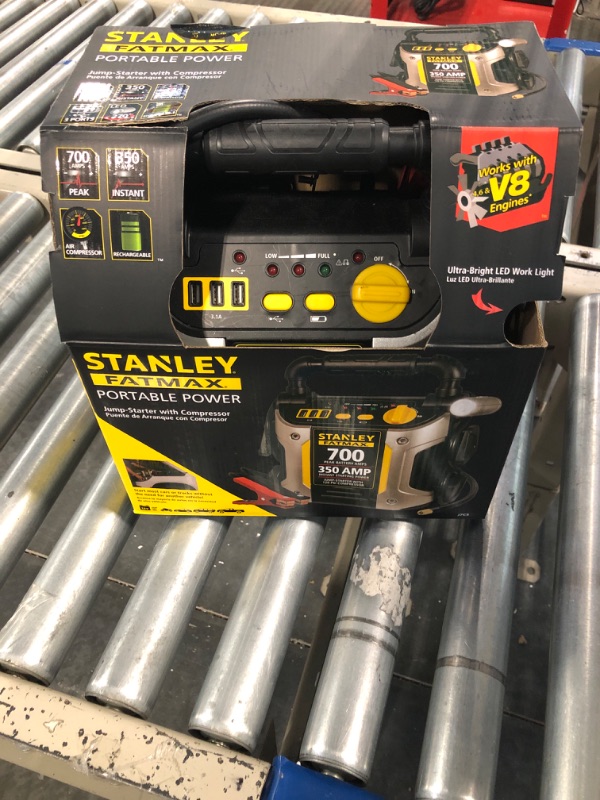 Photo 2 of STANLEY FATMAX J7CS Portable Power Station Jump Starter: 700 Peak/350 Instant Amps, 120 PSI Air Compressor, 3.1A USB Ports, Battery Clamps