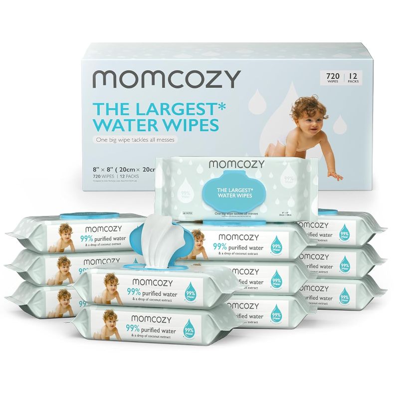 Photo 1 of Baby Wipes, Momcozy Sensitive Water Wipes-Extra Large Size Design, One Top Two, 99% Purified Water, Unscented & Hypoallergenic, Friendly to Sensitive Skin, 12 Flip-Top Packs (720 Wipes Total)
