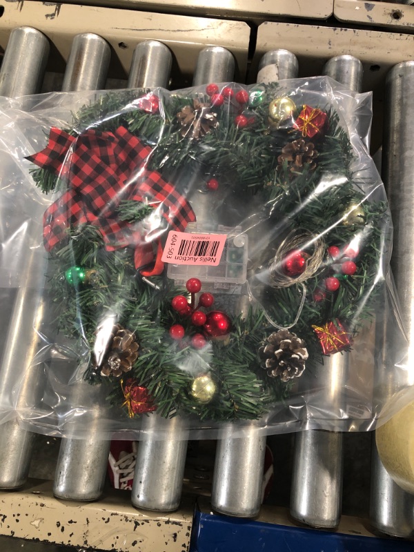 Photo 2 of 14 Inch Christmas Lighted Wreath with Pinecones Red Berries and Large Buffalo Plaid Bowknot Outdoor Artificial Christmas Wreath with LED Warm Lights for Xmas Holidays Party Winter Home Decoration