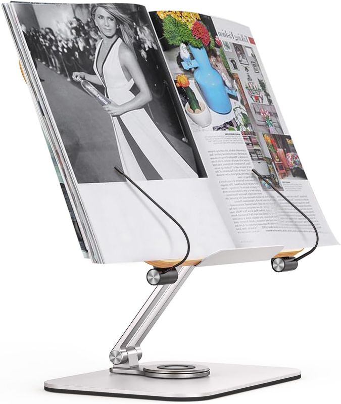 Photo 1 of Height and Angle Adjustable Book Stand, Book Holder with 360° Rotating Base and Page Clips for Book, Cookbook, Sheet Music, Recipe,Aluminium, Wood