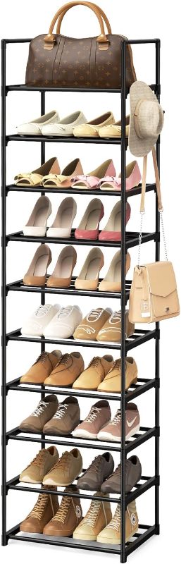 Photo 1 of WEXCISE Narrow Shoe Rack 10 Tiers Tall Shoe Rack for Entryway 20 24 Pairs Shoe & Boots Organizer Storage Shelf Durable Black Metal Stackable Shoe Cabinet with Hooks, 17.1D x 11.8W x 78.7H in