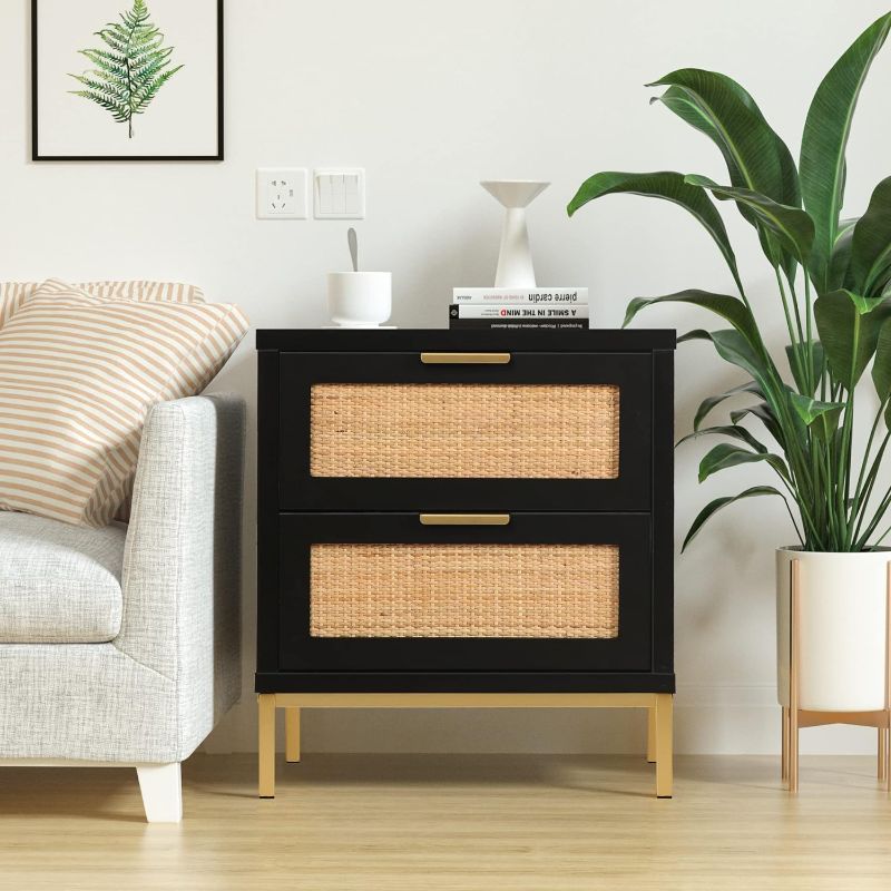 Photo 1 of Anmytek Rattan Nightstand, 21.5" H Farmhouse Bedside Table with 2 Spacious Drawers Rustic Sofa Side Table for Bedroom Living Room, Black, H0057