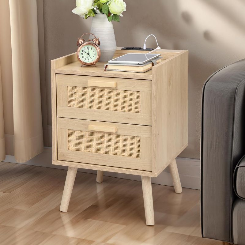 Photo 1 of  Nightstand with Charging Station, Bedside Table with 2 Hand Made Rattan Decorated Drawers, Night Stand with Storage for Bedroom, Natural
