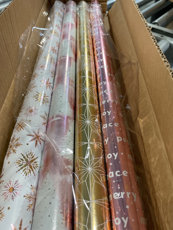 Photo 2 of American Greetings 80 sq. ft. Gold & Pink Christmas Wrapping Paper Bundle (Stars) for Christmas, Hanukkah and All Holidays (4 Rolls 30 in. x 8 ft.) Pink, Gold, Silver, White