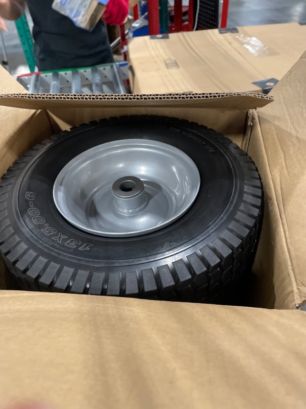 Photo 1 of AR-PRO (2-Pack) 13x5.00-6 Flat Free Tire and Wheel Assemblies - Compatible for 13 x 5 x 6 Solid Rubbe Riding Lawn Mower Tires and Wheel - With 3" Centered Hub and 3/4" Bushings (Extra 5/8" Bushings) 13x5.00-6 Flat-Free Silver