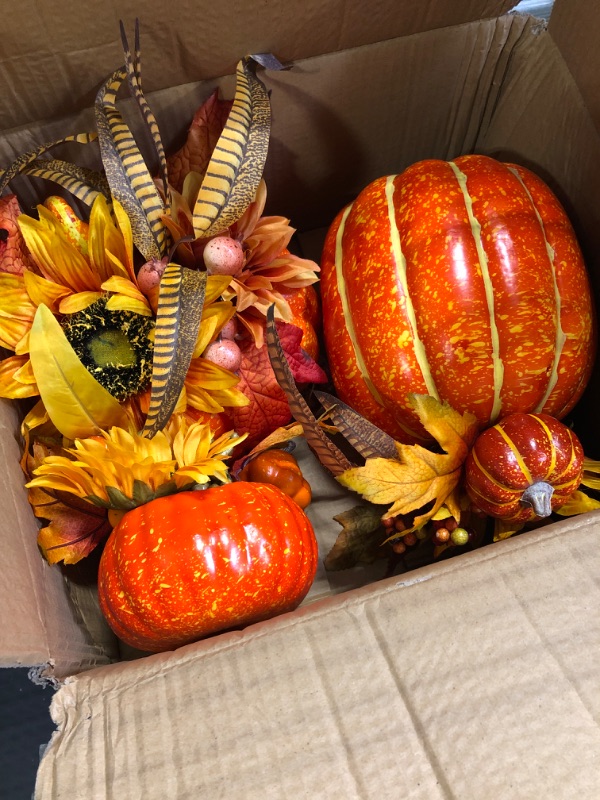 Photo 1 of Riceshoot 3 Pcs Large Artificial Pumpkins with Light 10 Inch, 8 Inch, 6 Inch Fall Centerpieces for Tables Decorations Thanksgiving Centerpiece for Thanksgiving Indoor Outdoor Pumpkin Decor