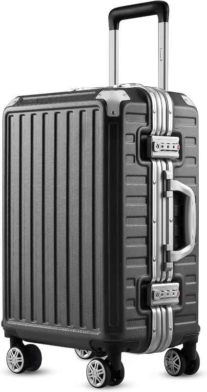 Photo 1 of LUGGEX Carry On Luggage with Aluminum Frame, Polycarbonate Zipperless Luggage with Wheels, Black Hard Shell Suitcase 4 Metal Corner
