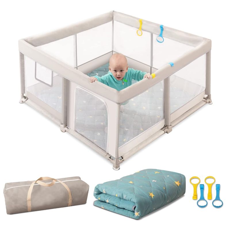 Photo 1 of Baby Playpen with Mat, Baby Playyard with Mat 2.2lb Thicker Cotton Play Mat, Easy to Install Playyard with Mat, Sturdy Playpen with 0.2IN Protection Cover, Storage Bag,4 Pull Rings Grey
