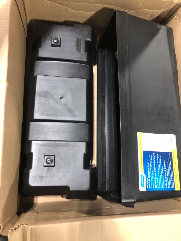 Photo 2 of Camco Heavy Duty Double Battery Box with Straps and Hardware - Group GC2 | Safely Stores RV, Automotive, and Marine Batteries | Measures Inside 21-1/2" x 7-3/8" x 11-3/16" | (55375) Frustration Free Packaging Double Battery Box