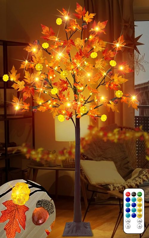 Photo 1 of [ Timer & 8 Flashing Mode ] 6Ft Lighted Maple Tree Fall Thanksgiving Decor, 117LED with 12 Pumpkins Lights & 6 Acorn Remote Control Artificial Tree Thanksgiving Decorations Outdoor Indoor Home Party