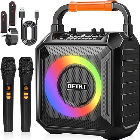 Photo 1 of Karaoke Machine with Two Wireless Microphones, Portable Karaoke Machine for Adults & Kids, Bluetooth Speaker with Bass/Treble Adjustment, PA System, LED Lights, Supports TF/USB, AUX in, FM, REC, TWS