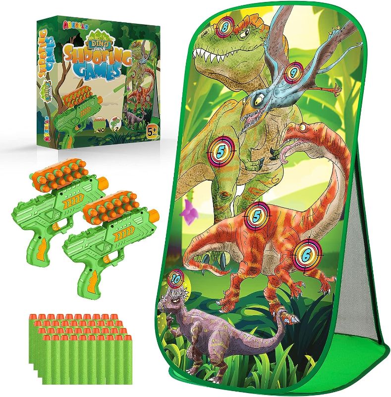 Photo 1 of ABERLLS Shooting Game Toy for Age 5 6 7 8 9 10+ Years Old Kids, Boys, Dinosaur Shooting Target with 2 Foam Dart Blasters 40 Foam Darts, Ideal Kids Gift for Indoor Outdoor
