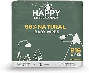 Photo 1 of (ONLY 25) Happy Little Camper Natural Cotton Baby Wipes with Organic Aloe Vera and Natural Vitamin E, Chlorine-Free, Unscented Wet Wipes, Hypoallergenic, Gentle on Sensitive Skin, 25 Count