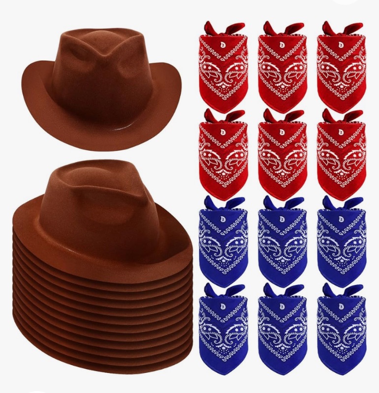 Photo 1 of 24 Pieces Western Cowboy Hat Set, Felt Cowboy Themed Party Hats with Paisley Bandanas for Adult Kids Cowboy Costume Party