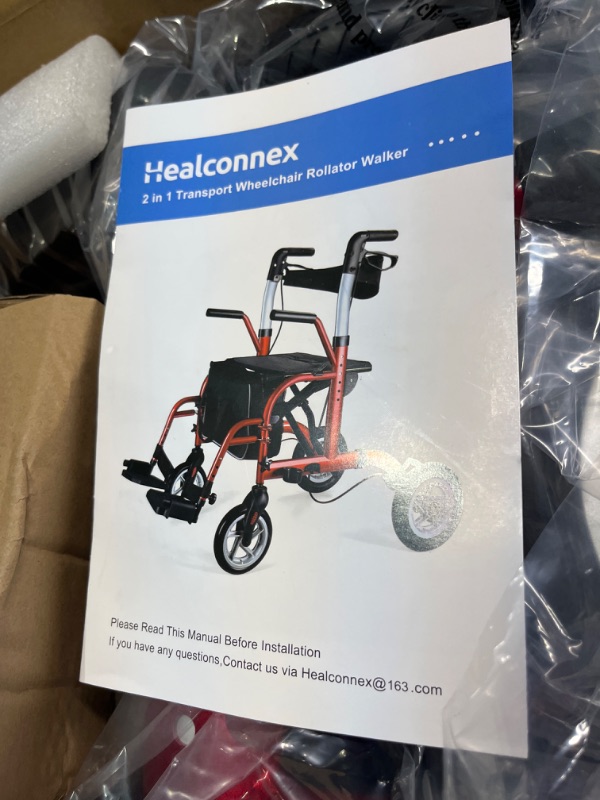 Photo 4 of Healconnex 2 in 1 Rollator Walker for Seniors-Medical Walker with Seat,Folding Transport Wheelchair Rollator with 10" Big Pneumatic Rear Wheels,Reversible Soft Backrest and Detachable Footrests