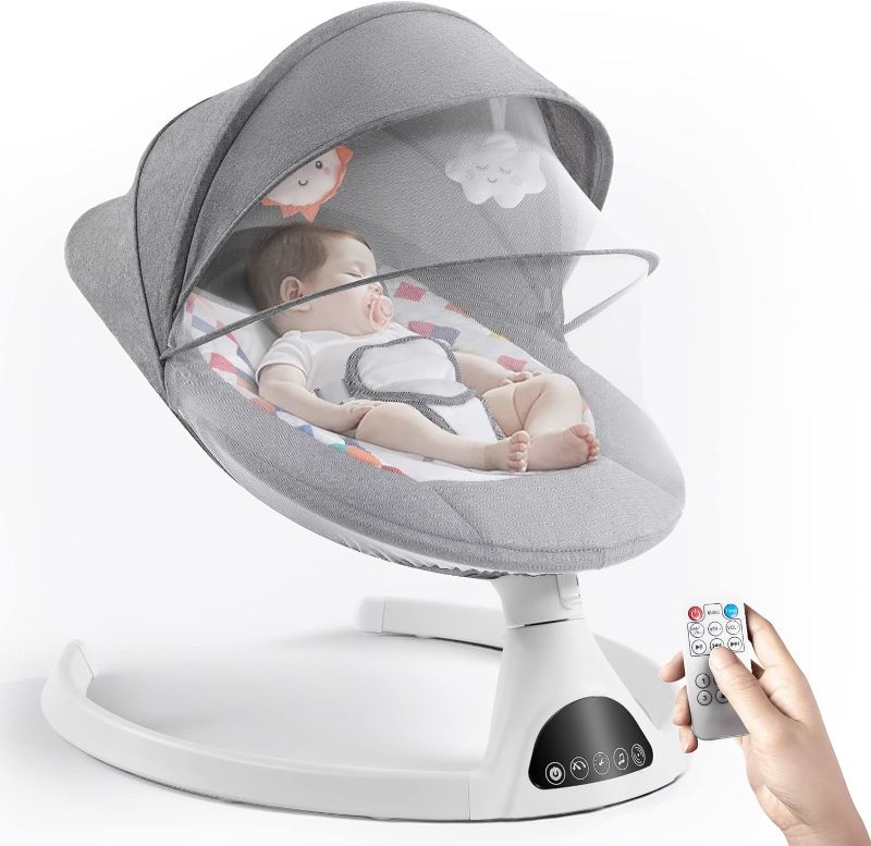 Photo 3 of Baby Swings for Infants, 5 Speed Bluetooth Baby Bouncer with 3 Seat Positions & Built-in 12 Music & 3 Timer Settings & 5-Point Harness & Remote Control, Touch Screen Chair for 5-20 lb, 0-9 Months Gray