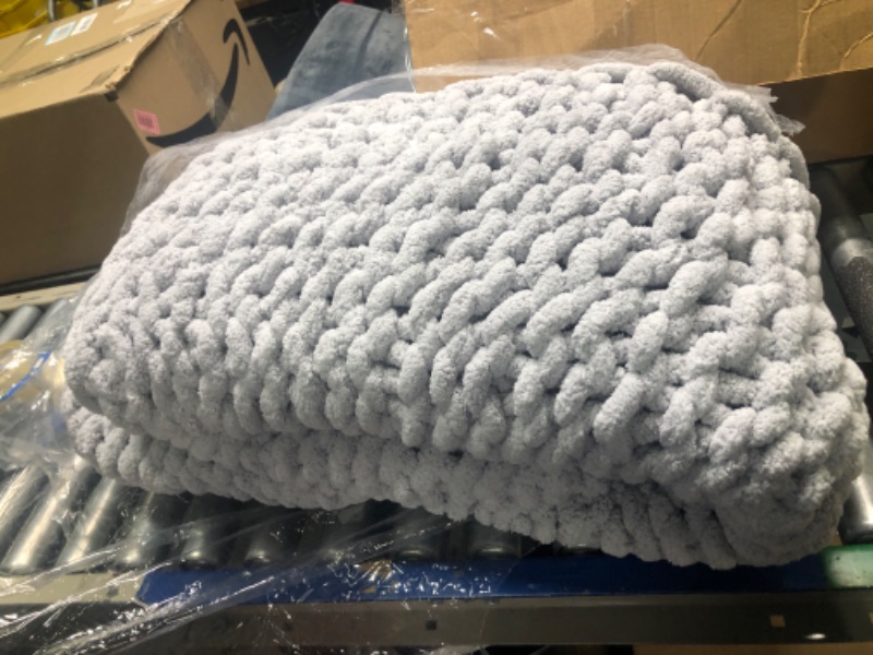 Photo 3 of Adyrescia Chunky Knit Blanket Throw | 100% Hand Knit with Jumbo Chenille Yarn (50"x60", Lilac Gray) 50"x60" Lilac Gray