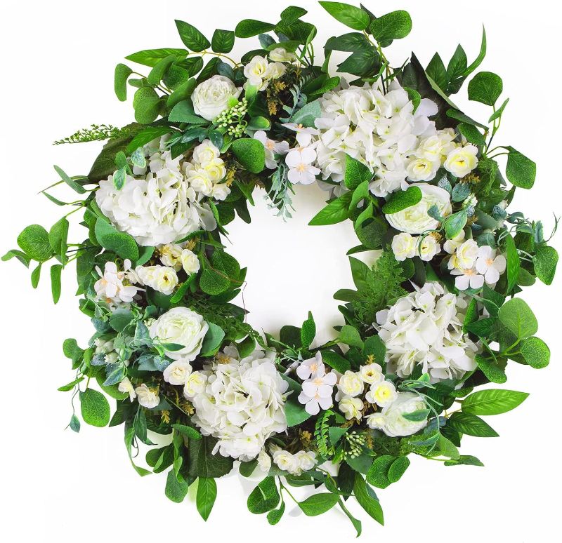 Photo 2 of 24 Inch Spring Summer Wreaths for Front Door, Spring Door Wreaths, Spring Summer Floral Flower Wreath, White Hydrangea Wreath,Eucalyptus Green Spring Summer Door Wreath for Front Door Outside