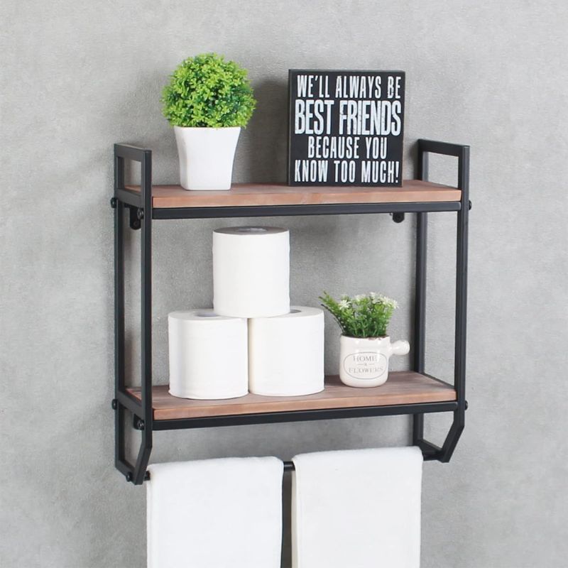 Photo 1 of 2-Tier Metal Industrial 23.6" Bathroom Shelves Wall Mounted,Rustic Wall Shelf Over Toilet,Towel Rack with Towel Bar,Utility Storage Shelf Rack,Floating Shelves Towel Holder,brown