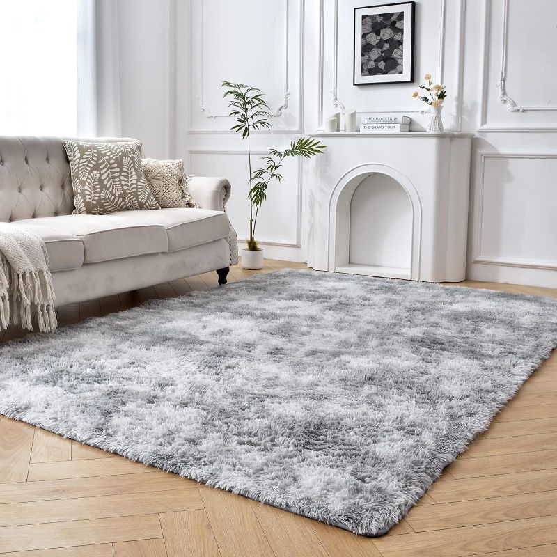 Photo 1 of Area Rug,Non-Slip Small Fluffy Shag Rugs for Bedroom Living Room,Tie-Dyed Light Grey