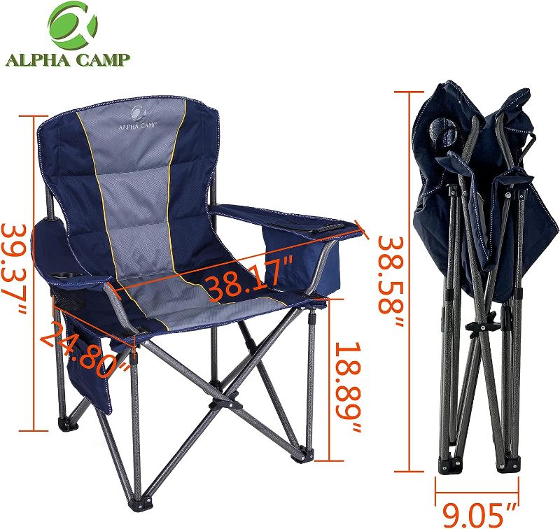 Photo 1 of ALPHA CAMP Oversized Camping Folding Chair Heavy Duty with Cooler Bag Support 450 LBS Steel Frame Collapsible Padded Arm Quad Lumbar Back Chair Portable for Lawn Outdoor,Blue
