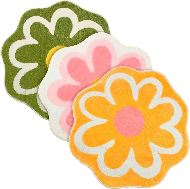 Photo 1 of 3 Pcs Daisy Cute Bath Mat Flower Shaped Washable Bath Rug Non Slip Absorbent Bathroom Mat Fun Toilet Rug Cute Bathroom Rugs Kids Bedroom Flower Carpet for Floor, 3 Colors, 23.6 x 23.6''
