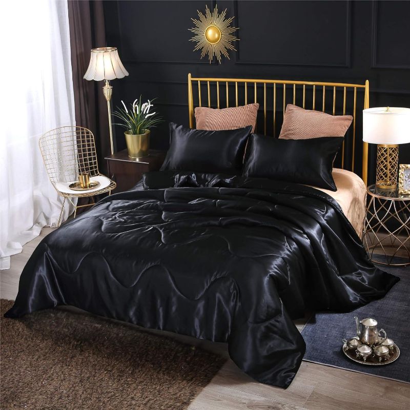 Photo 1 of A Nice Night Satin Silky Soft Quilt Luxury Super Soft Microfiber Bedding Thin Comforter Set Full/Queen, Light Weighted (Black, Queen(88-by-88-inches))
