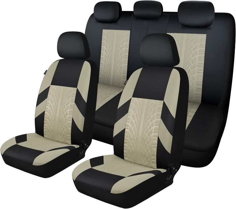 Photo 1 of  dark blue  and Beige Car Seat Covers Full Set, Front Seat Covers and Split Rear Bench Seat Covers, Premium Cloth Automotive Vehicle Interior Covers,...
