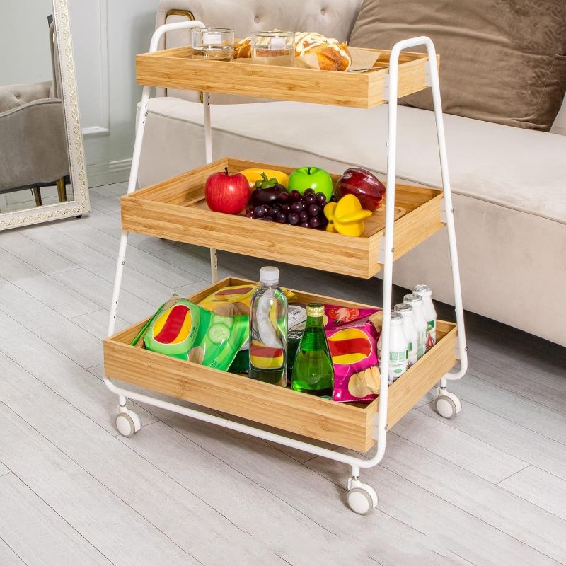 Photo 1 of APRTAT 3-Tier Rolling Storage Cart,Bamboo Utility Cart with Caster Wheels Storage Shelving Units Side Table for Kitchen,Living Room,Bedroom,Narrow Places,Picnic