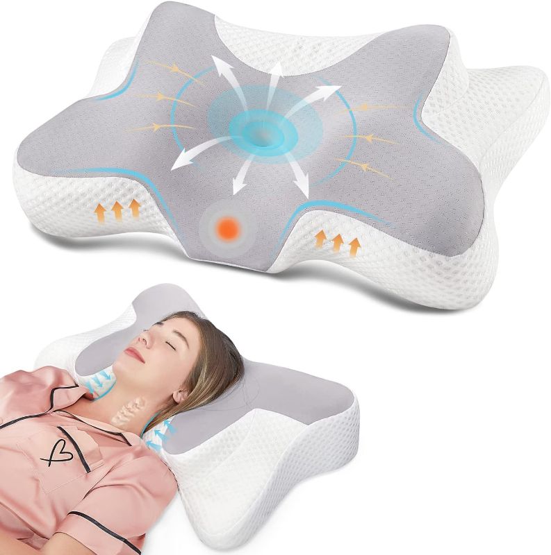 Photo 1 of  Cervical Pillow for Neck Pain Relief, Hollow Design Odorless Memory Foam Pillows with Cooling Case, Adjustable Orthopedic Bed Pillow for Sleeping