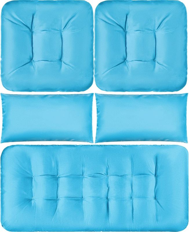 Photo 1 of 5 Pieces Wicker Patio Cushion Sets Include 1 Loveseat 2 U-Shape 2 Matching Chair Cushions Indoor Outdoor Tufted Settee Bench Cushions Replacement Loveseat Cushions for Outdoor Furniture (Light Blue)