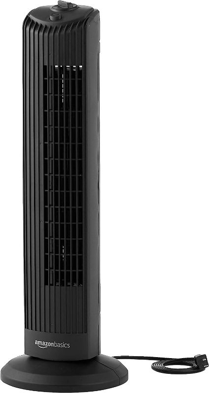 Photo 1 of Amazon Basics Manual 3 Speed Oscillating Tower Fan with Mechanical Control, 28 Inch, Black
