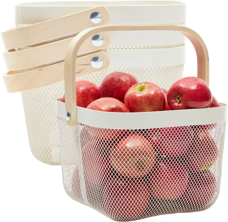 Photo 1 of 4 Pack Square Mesh Fruit Basket with Wooden Handle for Kitchen Storage Organization (WHITE, 9.4 x 6.9 In)