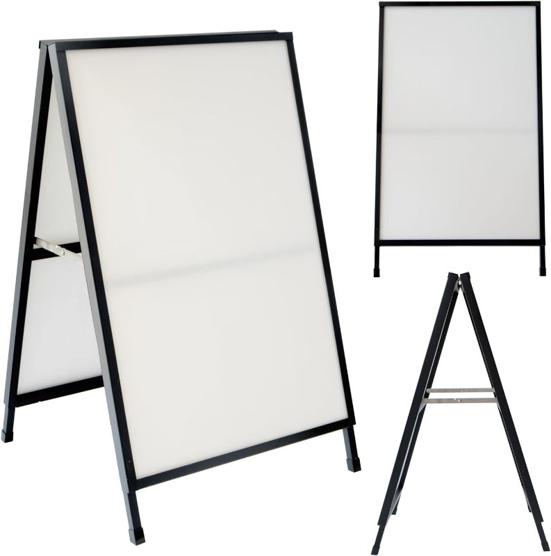 Photo 1 of Outdoor A-Frame Sidewalk Sign 24x36 Inch Sandwich Board, Black Coated Steel Metal Double-Sided, Heavy Duty Slide-in Folding Frame Sign Holder, 2 Corrugated Plastic Poster Boards, Display Stand