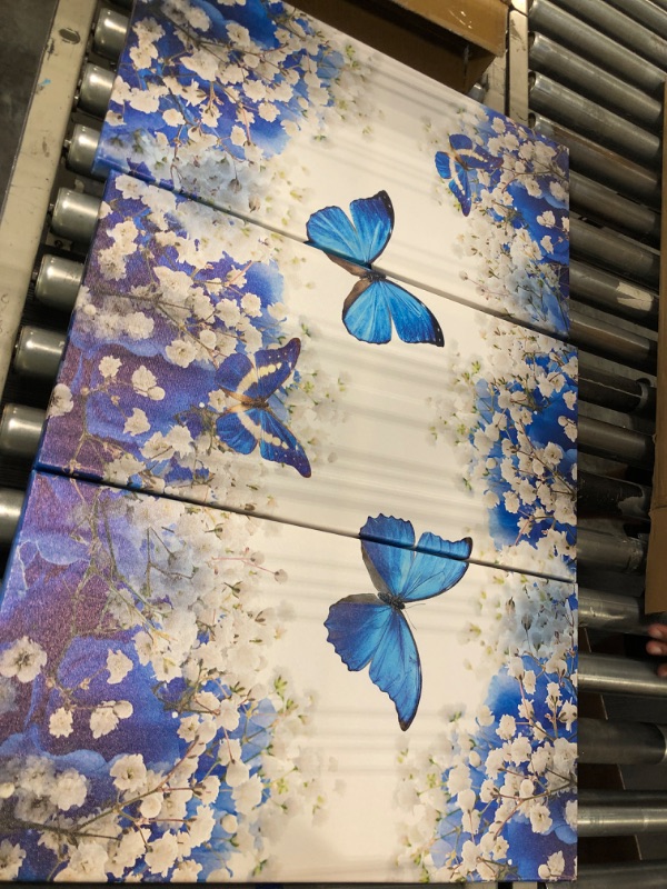 Photo 2 of Biuteawal - 3 Panel Canvas Print Blue Butterfly Wall Art Flower Painting on Canvas Contemporary Artwork for Home Living Room Bedroom Wall Decor Ready to Hang